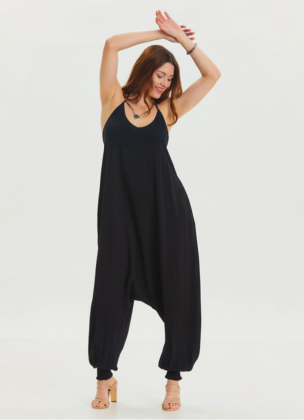 Black Bohemian Jumpsuit with Elasticated Legs and Tied Neck 4484